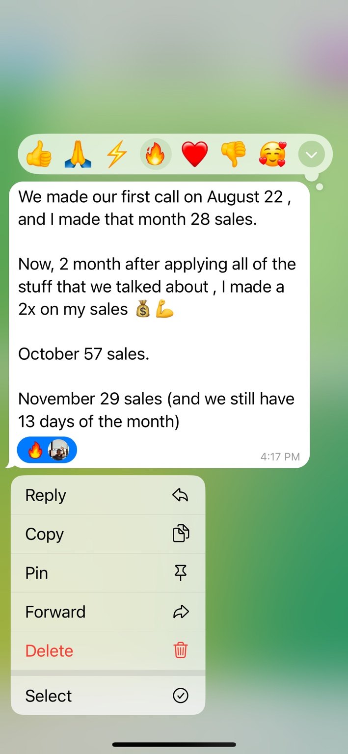 Client message reporting going from 28 sales to 57 sales in a month