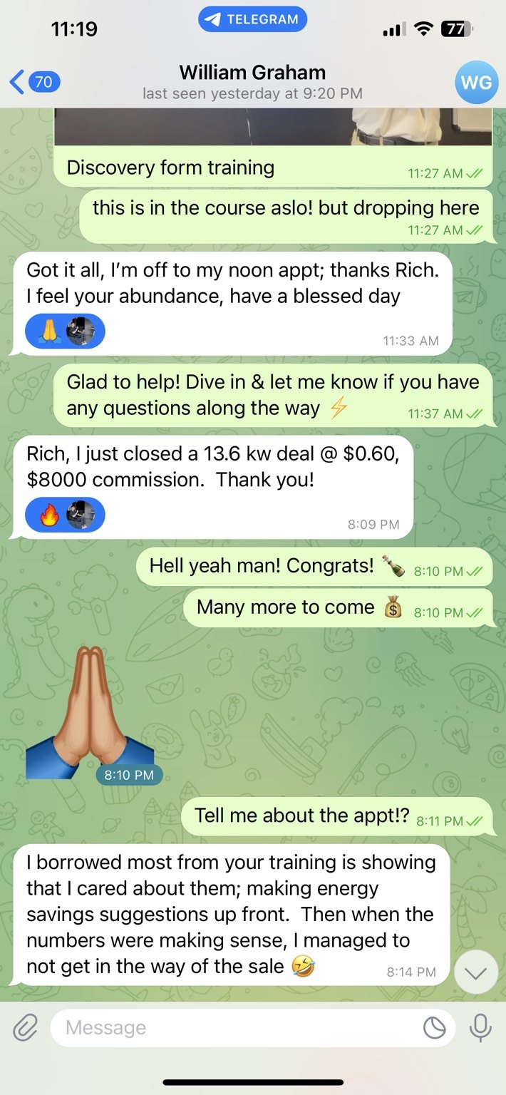Client message crediting the training for an $8,000 commission