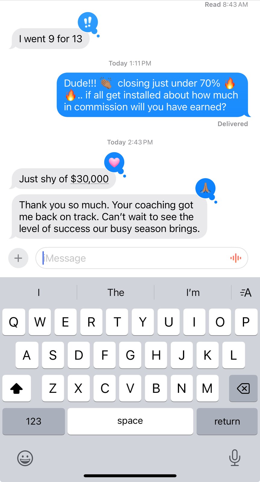 Client message reporting 9 sales from 13 opportunities and commissions earned