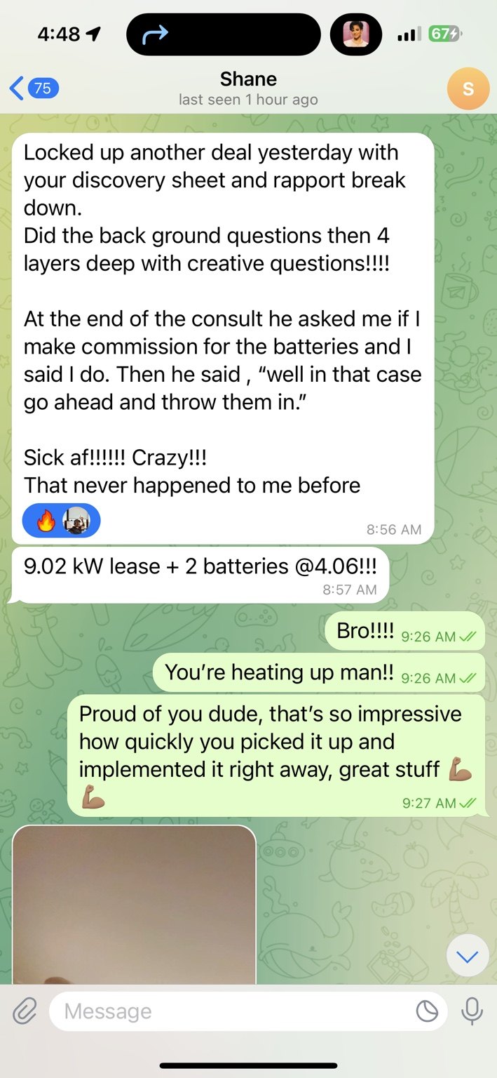 Client message about closing another deal using the discovery sheet